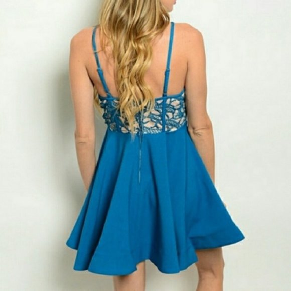 NWT Luxxel Teal lace flowy mini dress size Medium (103) - Picture 2 of 8